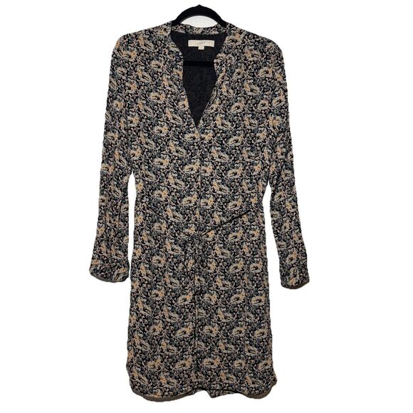 LOFT Black Floral Shirt Shift Short Dress Belted V Neck Lined Rayon Size Medium - Picture 1 of 8